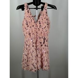 Layered with Love Pink Shaggy Faux Fur Sequin V-Neck Mini Dress Womens XS